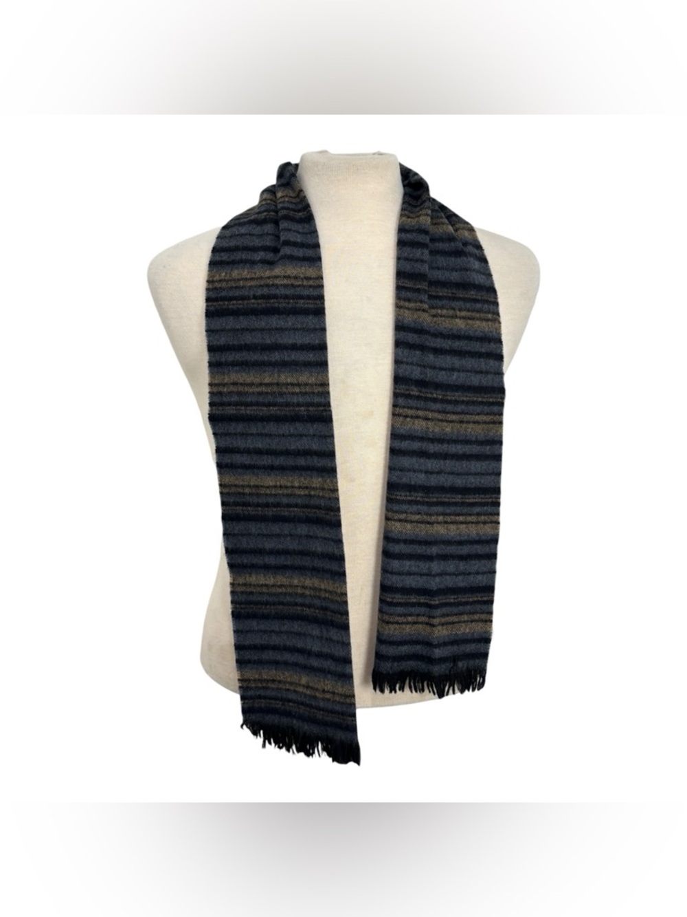 Vintage Christian Dior Monsieur 100% Lambswool Scarf w Fringe Blue Brown Striped
